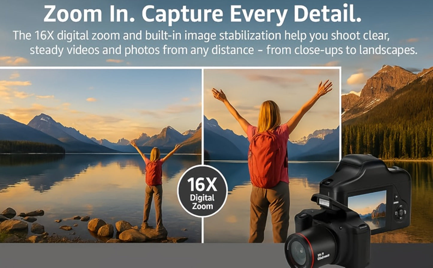 Digital Camera 1080P DSLR-Style Compact with 2.4-Inch Screen, 16X Digital Zoom, 9.88mm Lens and 32GB Card