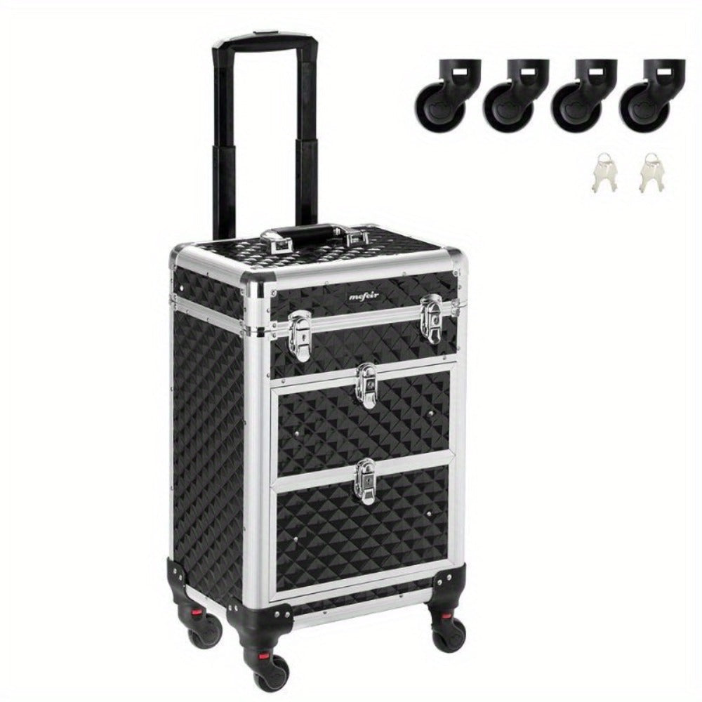 Black Rolling Makeup Train Case with Four Wheels, Telescoping Handle, Three Top Trays and Two Drawers
