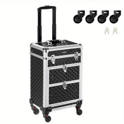 Black Rolling Makeup Train Case with Four Wheels, Telescoping Handle, Three Top Trays and Two Drawers