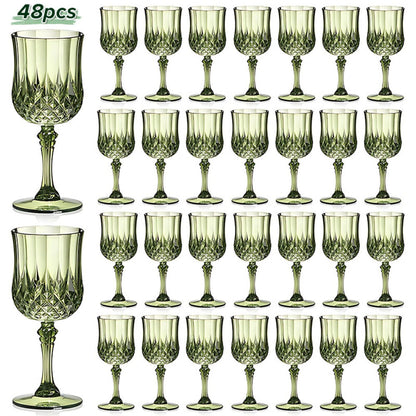 Plastic Champagne Glasses 48 Pack – 7oz Stemmed Crystal Clear Reusable Cups for Wedding, Party, Bridal Shower, Christmas, Halloween, Stackable Shockproof Vintage Stem Glasses, Transparent Green Blue