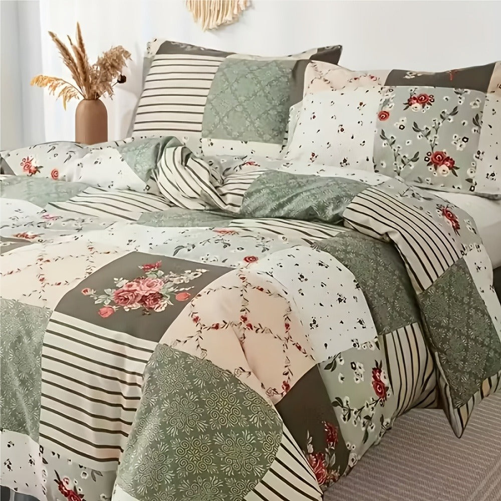 3-Piece Duvet Cover Set with Floral Patchwork Print in Blue, Green or Pink and Four Size Options