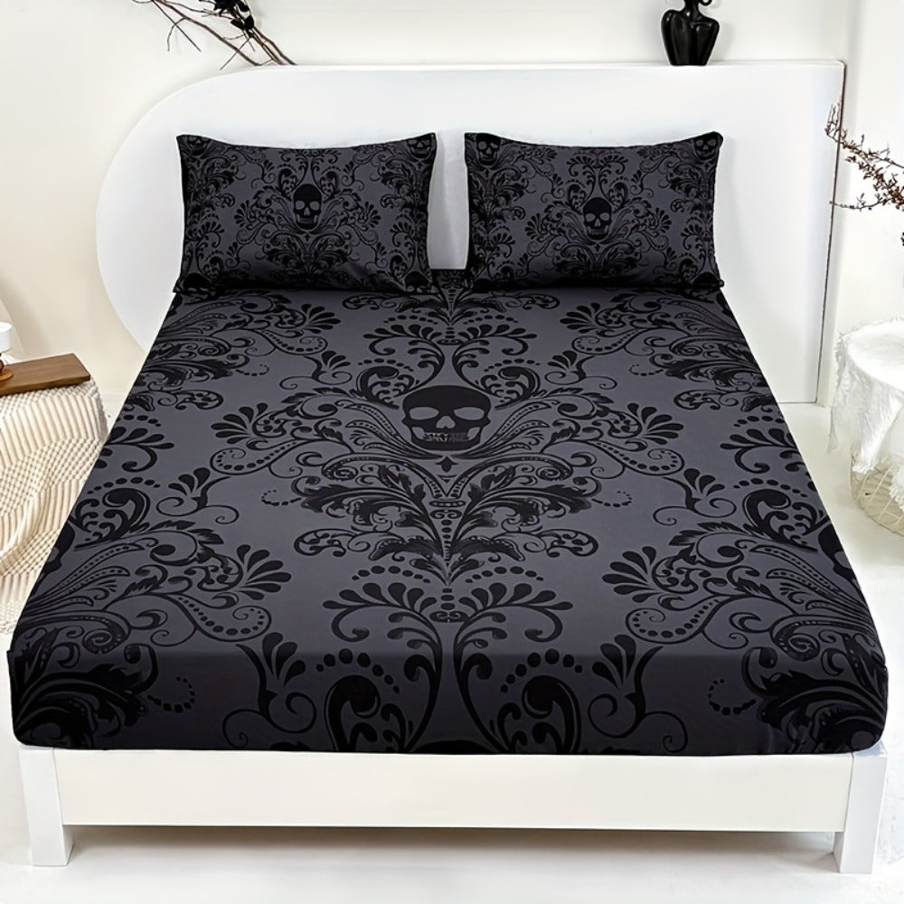 Gothic Skull Fitted Sheet Set 3-Piece – Victorian Baroque Halloween Bedding | 1 Deep Pocket Fitted Sheet + 2 Pillowcases | Machine Washable Hypoallergenic Polyester | Twin Full Queen King