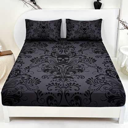 Gothic Skull Fitted Sheet Set 3-Piece – Victorian Baroque Halloween Bedding | 1 Deep Pocket Fitted Sheet + 2 Pillowcases | Machine Washable Hypoallergenic Polyester | Twin Full Queen King