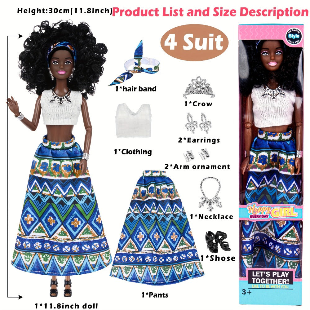 Six-Piece 11.5-Inch Fashion Doll Set with Curly-Hair Styles, Bohemian Outfits, Headbands and Jewelry