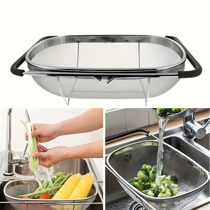 Stainless Steel Colander Expandable Fine Mesh Drain Basket Strainer for Vegetables Fruits Pasta Rice Kitchen Sink Washing Bowl Food Strainer