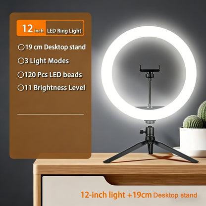 LED Ring Light 10/12 Inch with Tripod Stand & Phone Holder – 3 Color Modes, 12 Brightness Levels, USB Powered Selfie Light for Makeup, Photography, Video & Streaming