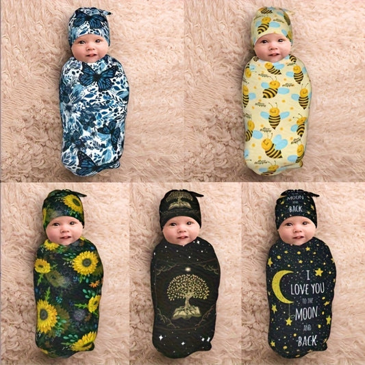 Baby Swaddle Blanket & Beanie Hat Set – Butterfly, Sunflower, Bee, Life Tree & Moon Star Newborn Wrap