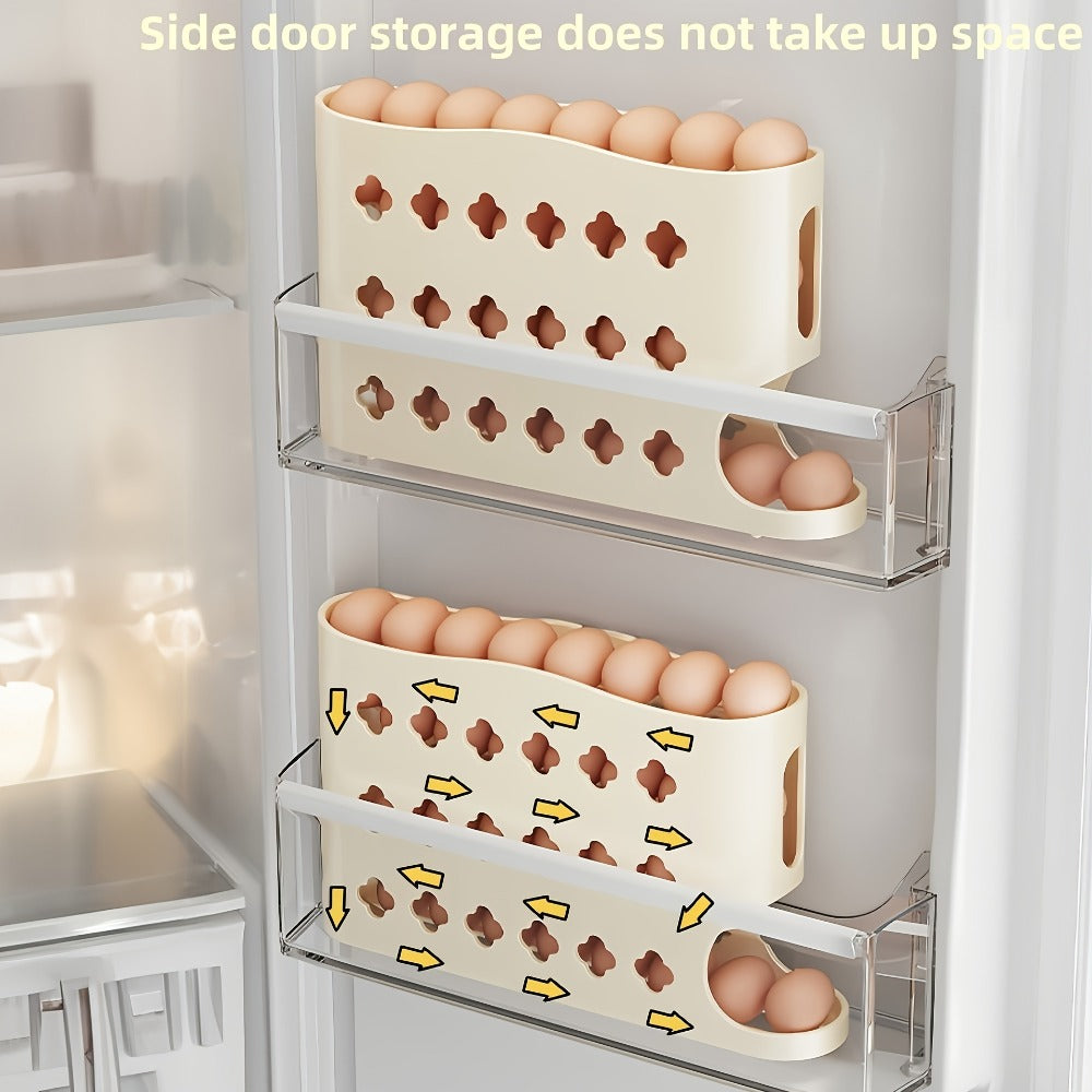 Egg Dispenser for Refrigerator, 4-Tier Automatic Rolling Egg Holder Rack – Space-Saving Egg Storage Organizer for Fridge, Kitchen Cabinet, Countertop and Table