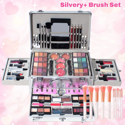 106-Piece Makeup Case Set with Red or Silver Carry Case, Fold-Out Color Palettes, Lip Products and Ten Makeup Brushes