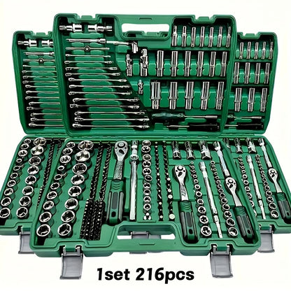 216-Piece Professional Socket Set 1/4" 3/8" 1/2" Drive - S2 & CR-V Steel Ratchet Wrench Kit with Deep & Standard Sockets for Auto Repair Automotive Mechanic
