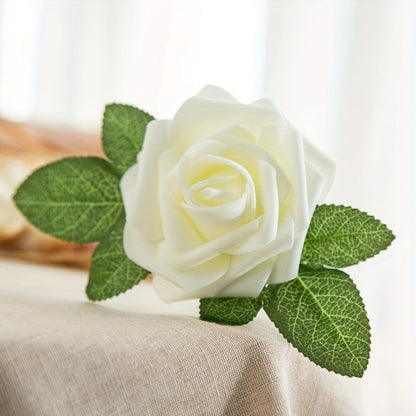 Artificial Flowers 50-Piece White Silk-Style Rose Set with Stems for Wedding Bouquets and DIY Decor