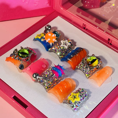 Press On Nails Handmade Y2K Duckbill Set with 3D Eye Barbell Star Rhinestone Charms and S M L Sizes