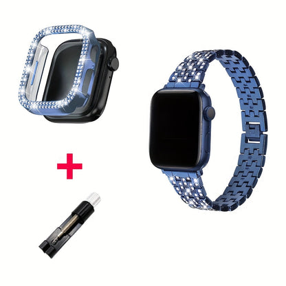 Rhinestone Diamond Bling Apple Watch Band for Women Girls – Five-Point Diamond Double-Row Crystal Strap Compatible with Apple Watch Ultra 2 Series 10 9 8 7 6 5 4 3 2 1 SE 38 40 41 42 44 45 49mm Gift