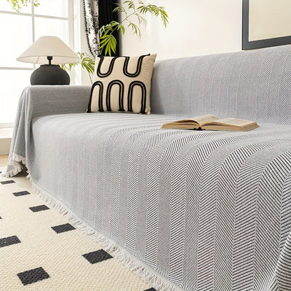 Sofa Cover 71-Inch Herringbone Jacquard Woven Throw with Tassel Fringe in Grey, Coffee, Green or Blue