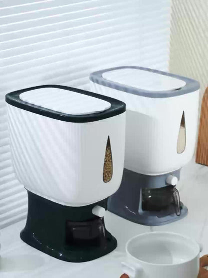 Rice Dispenser with Measuring Cup, 22LB Large Capacity 6-Chamber Sealed Grain Storage Container, Transparent Window, Moisture & Insect Resistant, One-Click Design for Rice Beans Flour Pet Food – Kitchen Cabinet Organizer