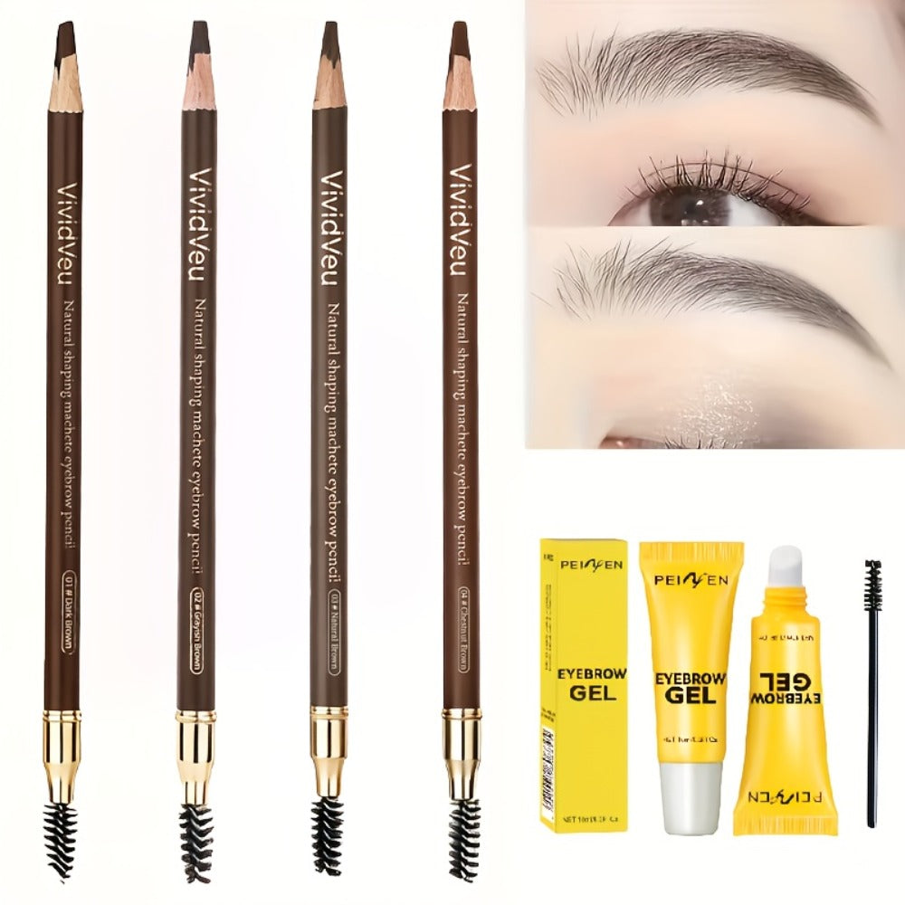 Four-Color Wood Eyebrow Pencil Set with Sharpened Brown-Tone Tips, Spoolie Ends and Approx. 20 cm Length