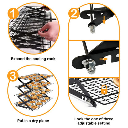 Foldable Cooling Rack Set – Stackable Oven Cookie Cake Drying Rack with Free Baking Tools (Silicone Spatula, Egg Beater, Tongs, Brush) | 3/4/5 Tier Options for Kitchen, Camping & Holiday Baking