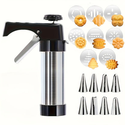 Cookie Press Set 8 Piece Stainless Steel Manual Churro Maker Flower Cookie Mold Baking Tool Set for Christmas Cookies Biscuit Decorating No Electricity Needed