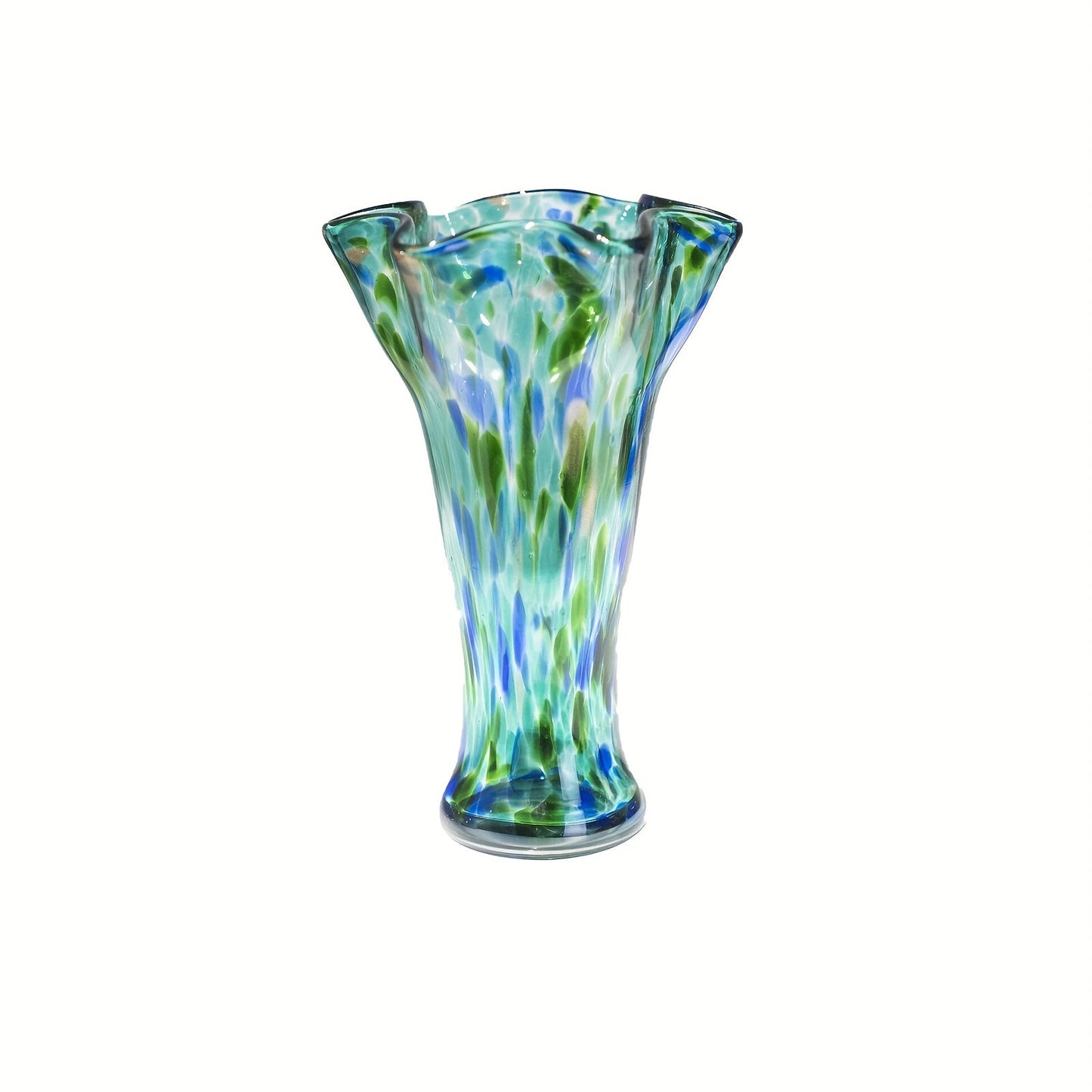 Teal Green Art Glass Flower Vase with Wide Petal-Shaped Mouth, 26 cm Height and Thick Round Base