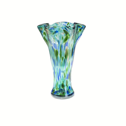 Teal Green Art Glass Flower Vase with Wide Petal-Shaped Mouth, 26 cm Height and Thick Round Base