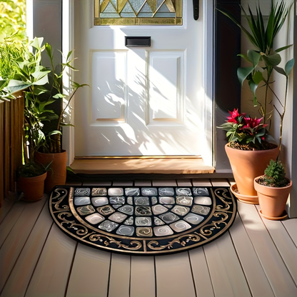 Half-Round Door Mat with Stone Mosaic and Scroll Print in 50 x 80cm or 60 x 90cm Entryway Sizes