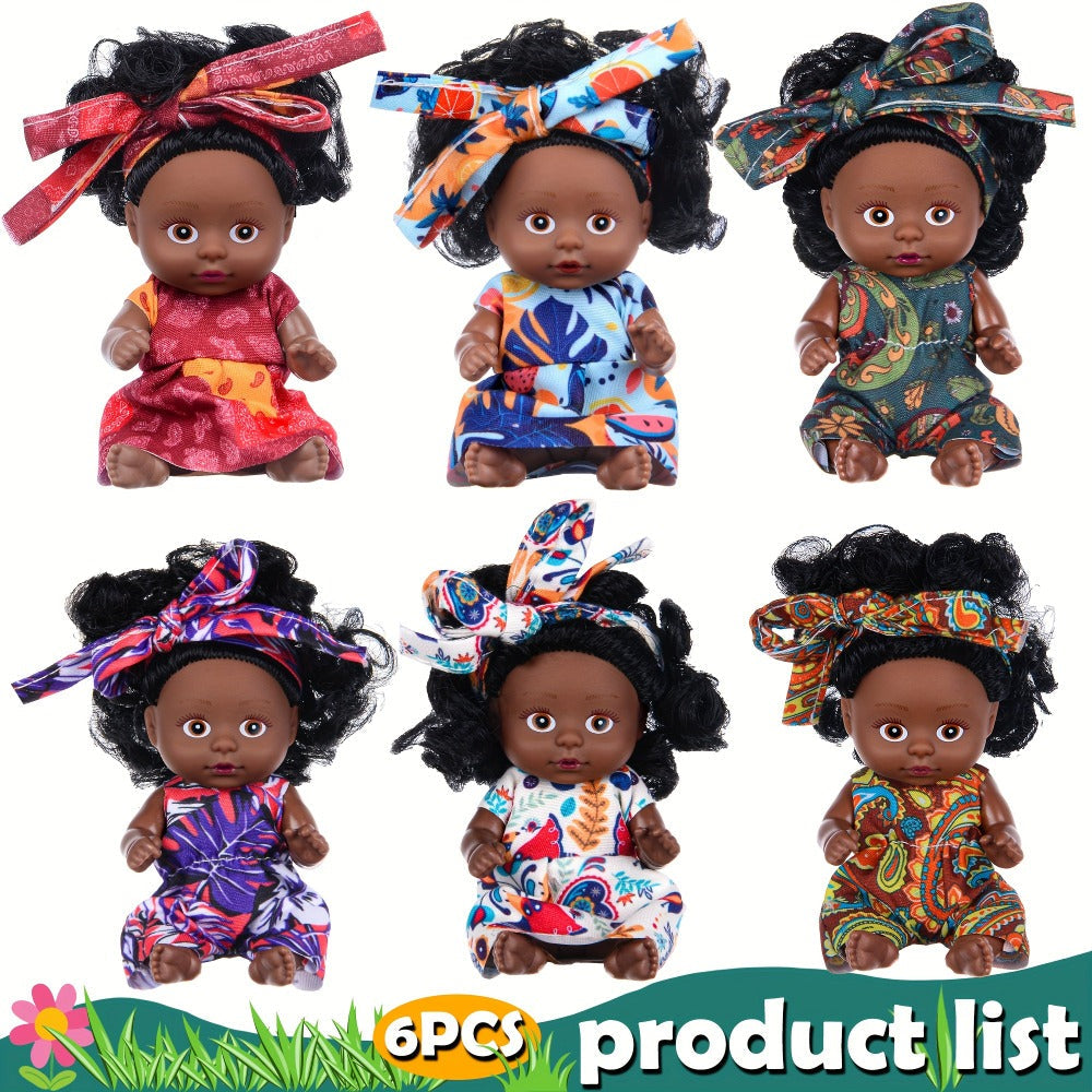 Mini Baby Doll Six-Piece Set with Dark Skin Tones, 4.53-Inch Dolls, Curly Hair and Patterned Outfits