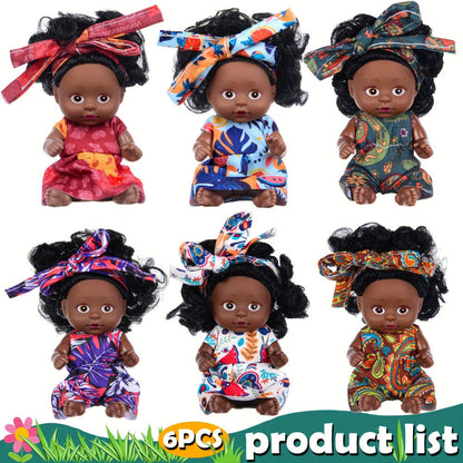 Mini Baby Doll Six-Piece Set with Dark Skin Tones, 4.53-Inch Dolls, Curly Hair and Patterned Outfits