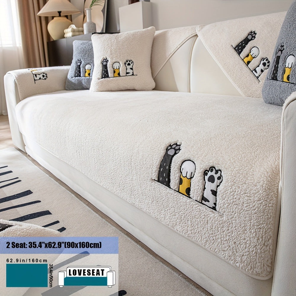 Sofa Cover, Sherpa Plush Cat-Paw Embroidered Seat Pad with Non-Slip Backing in Four Colors and Seven Sizes