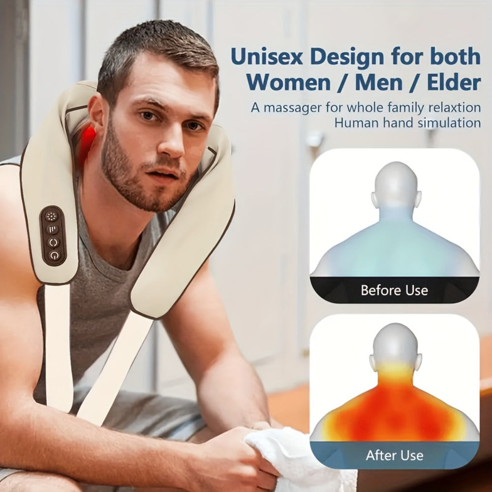 6-Node Wireless Neck and Shoulder Massager with Heat, Hands-Free Straps and Beige or White Color Options