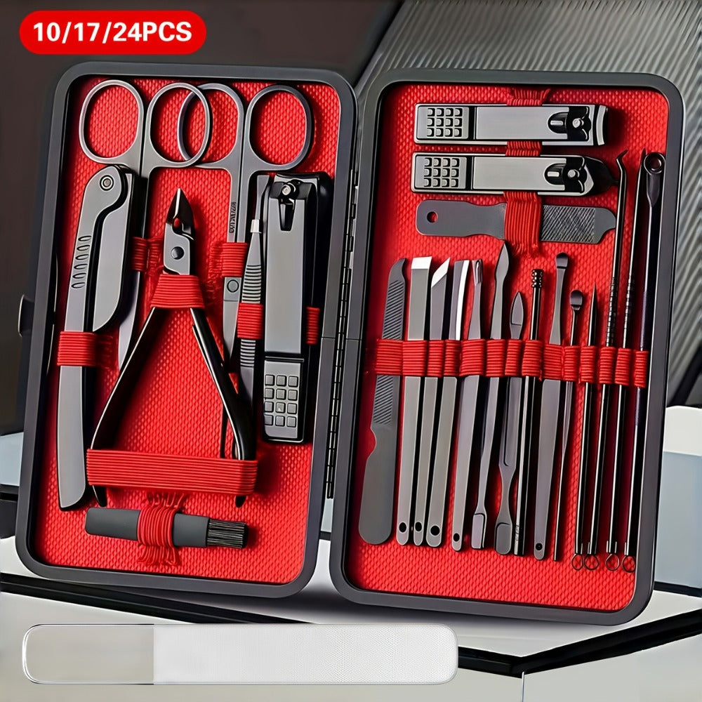 Nail Grooming Tool Case with 10-, 17- or 24-Piece Set Options and Black-and-Red Interior for Home and Travel