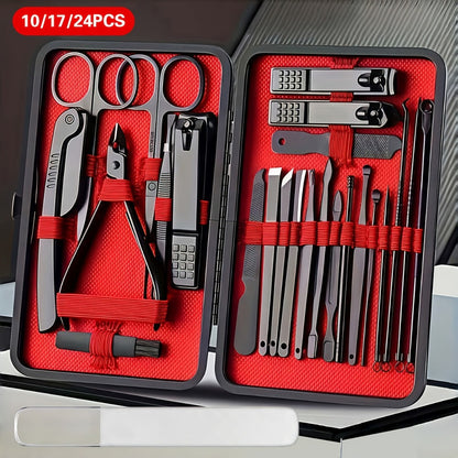Nail Grooming Tool Case with 10-, 17- or 24-Piece Set Options and Black-and-Red Interior for Home and Travel