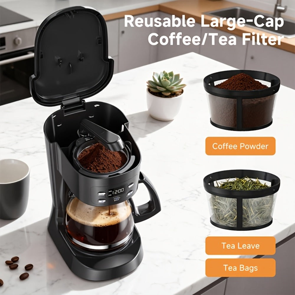 Five-Cup Programmable Drip Coffee Maker with Glass Carafe, Reusable Filter and Black or White Finish
