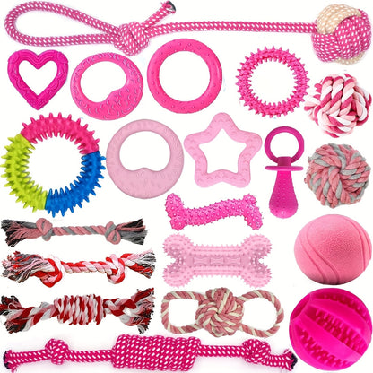 Dog Toy Pink Puppy Chew Bundle with Textured Toothbrush Shapes and Balls in Random 5 or 8 Pieces