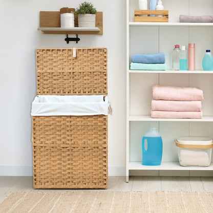 Woven Laundry Hamper with Hinged Lid, Removable Fabric Liner and Side Handles in Two Sizes and Brown or Gray