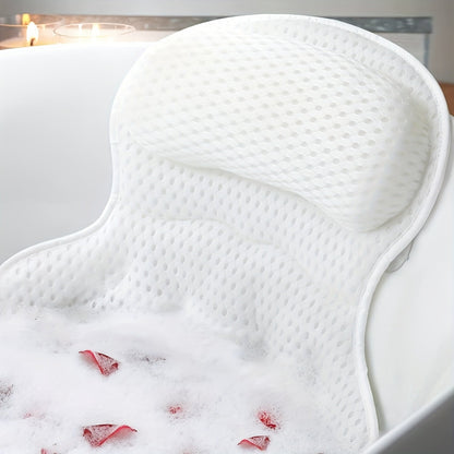 Contoured Bathtub Neck and Back Cushion with 4D Air Mesh, Suction Cups and White or Gray Finish