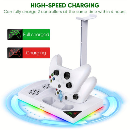 Xbox Series S Cooling Stand RGB with 15 Colorful Lights, Dual Controller Charging Station & Cooler Base – Includes 2x 1400mAh Rechargeable Batteries, Upgraded Fan Cooler for Xbox Series S Console