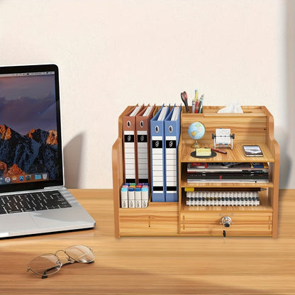 Wooden Desktop Document Organizer with File Slots, Open Shelves, Small Drawer and Approximately 38 cm Width
