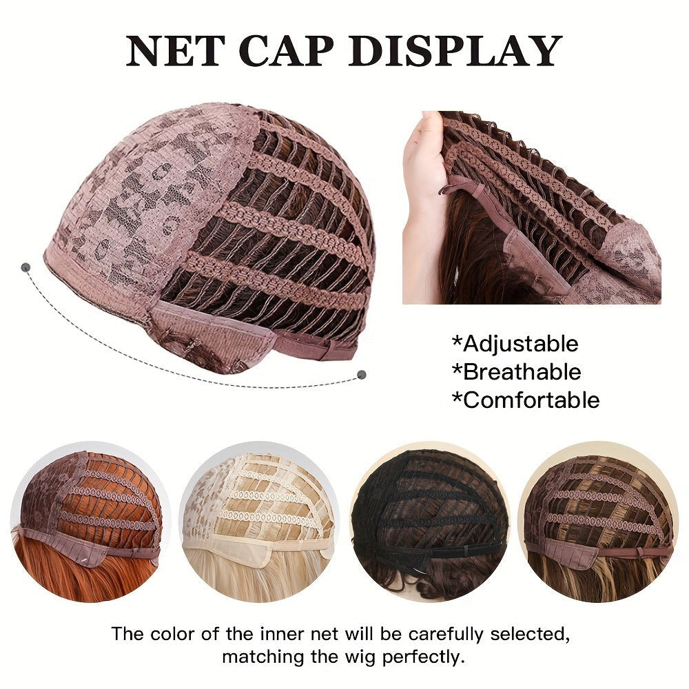 Synthetic Wig with Layered Bangs & Rose Net Cap – Heat Resistant Fiber Matte Finish Long Dark Brown Hair, Natural Looking Lightweight Everyday Style for Women, 18 Inch