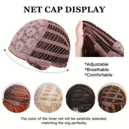 Synthetic Wig with Layered Bangs & Rose Net Cap – Heat Resistant Fiber Matte Finish Long Dark Brown Hair, Natural Looking Lightweight Everyday Style for Women, 18 Inch