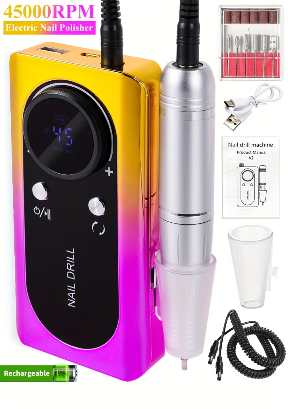 Electric Nail Drill Machine 45000RPM with LCD Display — Rechargeable Cordless E-File Professional High-Speed Nail Sander for Acrylic Gel Polish Natural Nails, Salon & Home Manicure Pedicure Tool