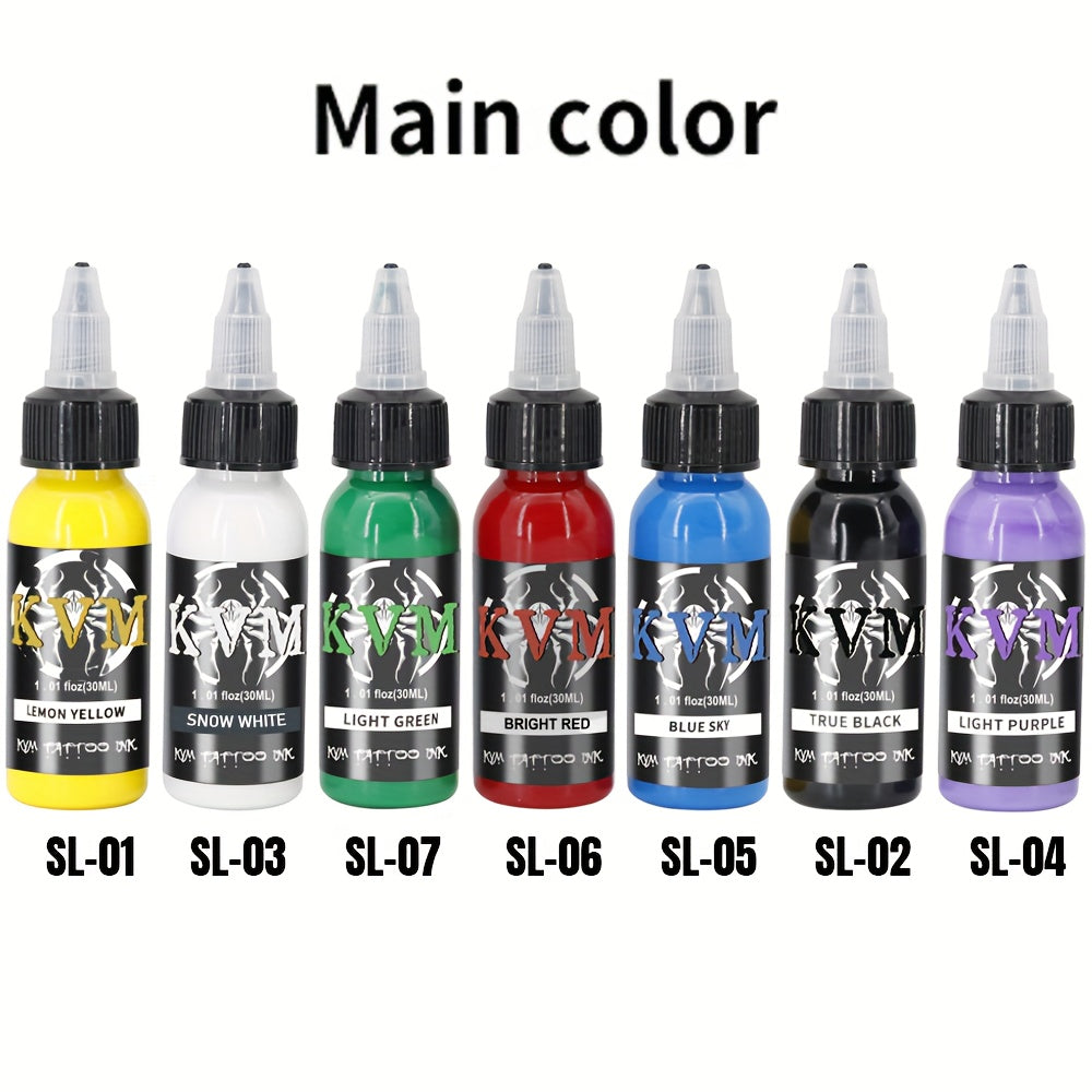 1oz Tattoo Ink Set 7 & 14 Colors Professional - 30ml Stable Vibrant Pigment Bottles, Fade-Resistant Permanent Ink for Rotary Coil & Pen Tattoo Machine, Complete Color Kit for Artists & Beginners