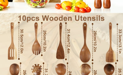 Wooden Spoons for Cooking 10 Pcs – Teak Wood Kitchen Utensils Set, Non-Stick Safe Spatulas & Spoon Cooking Tools