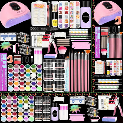 Acrylic Nail Kit with 36W UV LED Lamp, Electric Drill, Three Powders, Glitter Colors, Tips and Manicure Tools