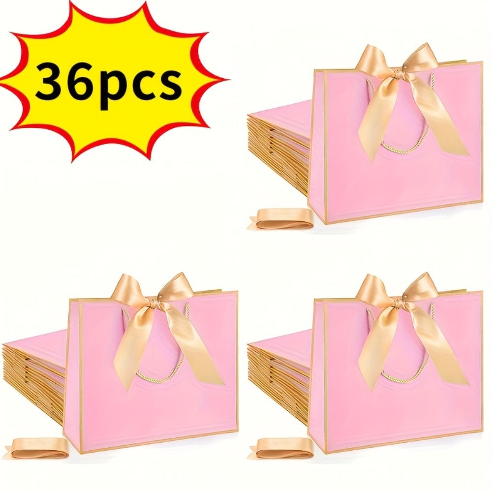 Gift Bag Set Pull-Handle Ribbon Design, 12, 24 or 36 Bags in Five Colorways with 11.8 x 10 x 4 Inch Format