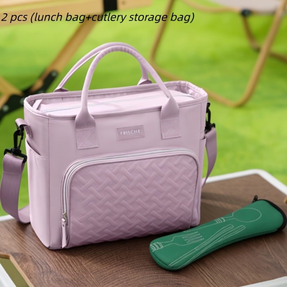 11L Quilted Lunch Bag Tote with Front Zipper Pocket, Side Tissue Pocket, Strap and Four Colors