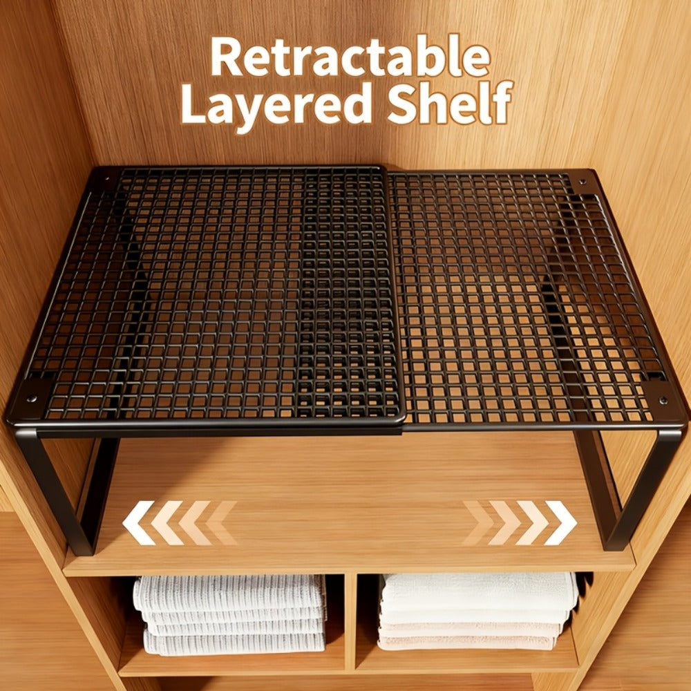 Expandable Storage Rack with Retractable Metal Shelf, Stackable Layout and Black Black Version