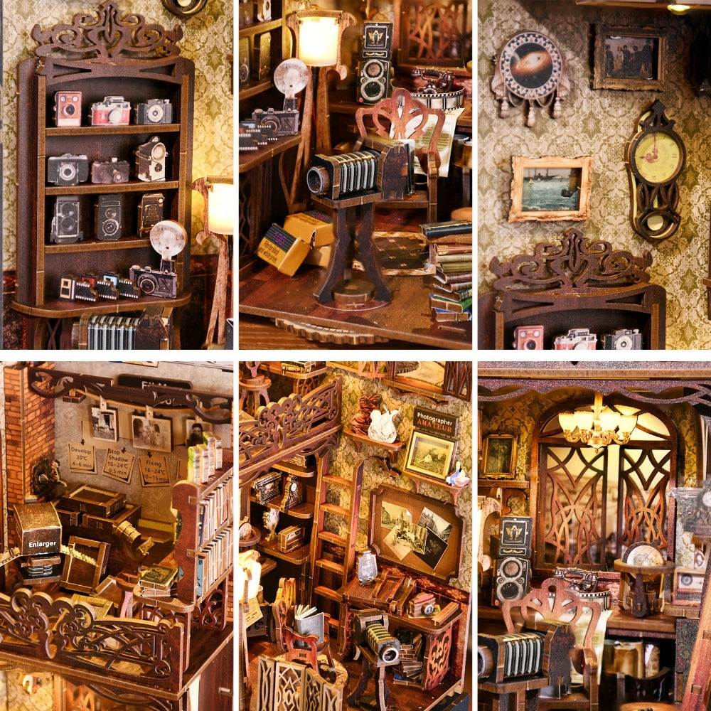 Film Darkroom Book Nook Kit with 405-Piece Vintage Photography Scene and Multiple Warm Lighting Points