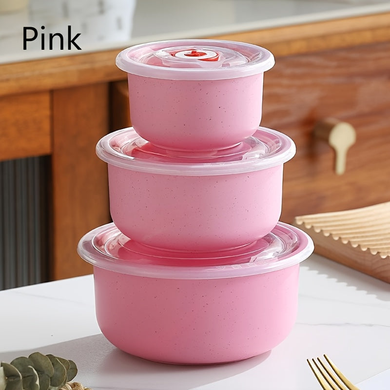 Food Storage Container Refrigerator Set with Three or Four Round Boxes, Flip Lids and Nested Capacities