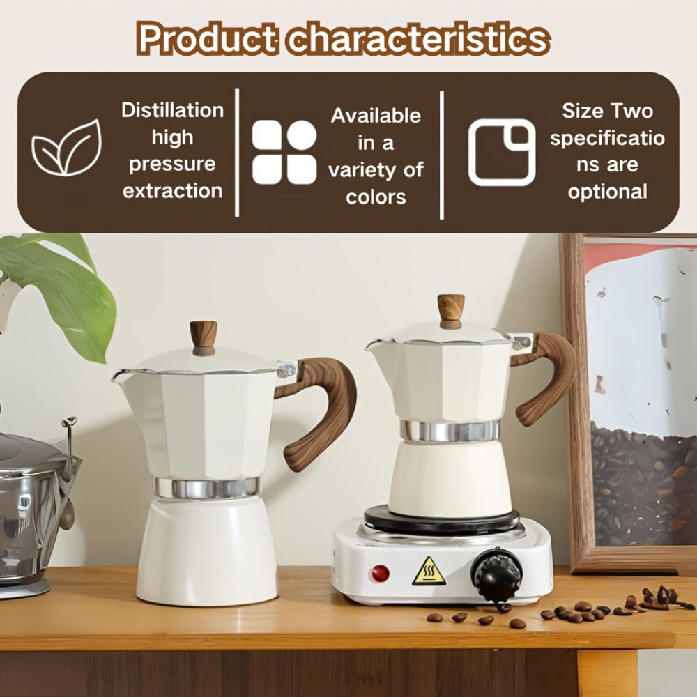 Classic 150ml Stovetop Moka Pot with Faceted Body, Wood-Look Handle and Seven Color Options