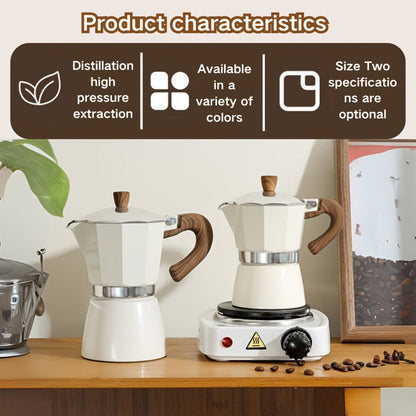 Classic 150ml Stovetop Moka Pot with Faceted Body, Wood-Look Handle and Seven Color Options
